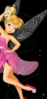 Charming fairy with wings and pink dress on black background.