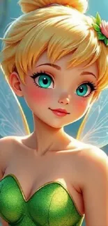 Charming fairy cartoon wallpaper with sparkling wings and flowers.