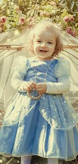 Child in blue fairy tale dress with a floral backdrop.