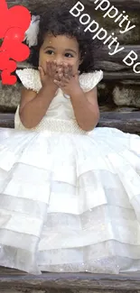 Child in fairy tale dress sitting on stone stairs with playful hearts.