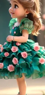 Cute animated girl in a green floral dress with pink roses.