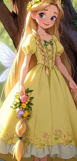 Fairy tale princess in yellow dress with wings and flowers.