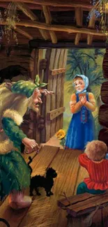 Enchanting storybook scene with characters in a rustic cabin.