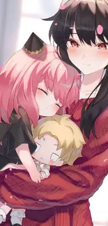 Anime family cuddle in soft hues.