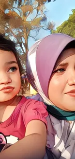 Beautiful illustration of mother and daughter with vibrant colors and soft lighting.