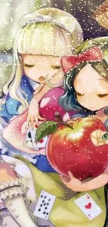 Whimsical anime artwork with apple and snowy magic.