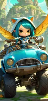 Fantasy character driving blue car in lush, whimsical setting.