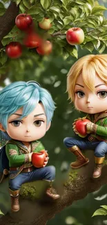 Cartoon fantasy characters with apples on a tree branch, in vibrant green foliage.