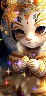 Charming fantasy cat in gold attire with sparkling stars and intricate details.