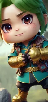 Cute fantasy character with green hair and gold armor in a forest setting.