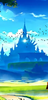 Artistic fantasy kingdom with a castle and character under blue skies.