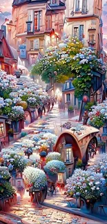 Fantasy street with flowers and charming architecture in vibrant colors.