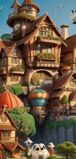 Whimsical fantasy village with playful characters.