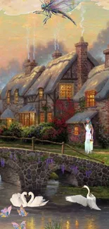 Enchanting fantasy village with swans by the bridge under pastel skies.