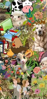 Charming farm life collage with animals and flowers.