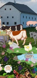 Animated farm scene with animals and barn backdrop.