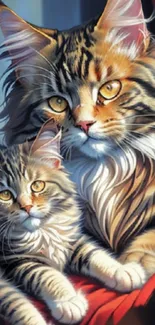 Two fluffy cats with golden eyes and striped fur, perfect phone wallpaper.