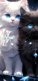 Illustration of two cats with blue eyes and fantasy elements.