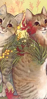 Whimsical cats with floral accents wallpaper.