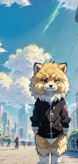 Anime cat wearing hoodie in cityscape with blue sky.