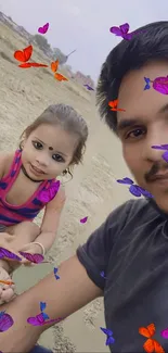 Father and daughter with butterflies in a field background.