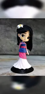 Anime-style figurine in colorful attire on gray background.