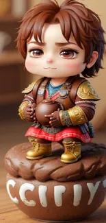 Chibi warrior figurine on decorative cup.