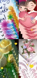 Colorful floral and romantic mobile wallpaper with hearts and flowers.