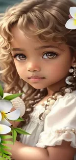 Artistic depiction of a young girl with flowers, exuding beauty and serenity.