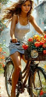 Woman in dress cycling through flower-filled street.