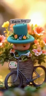 Floral bicycle with cheerful figure and bright flowers.