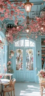 Charming floral cafe with pastel decor and blooming flowers.