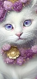 White cat with purple roses and gold details in art wallpaper.