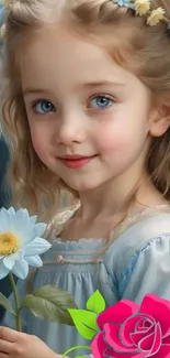 Charming child with blue eyes holding a daisy in a floral-themed portrait.