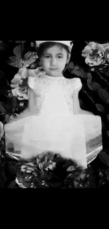 Child in floral dress amidst black and white roses.