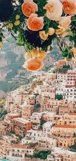 Colorful Positano village with blooming flowers overhead.