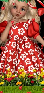 Charming doll in red floral dress with hearts and greenery wallpaper.