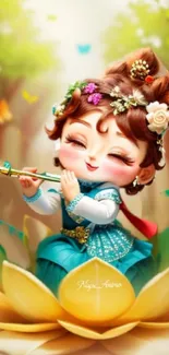 Cheerful character with floral attire plays a flute surrounded by a green nature scene.