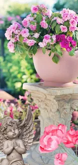 Pink flowers and garden statue in a serene setting.