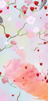 Delicate floral and heart theme mobile wallpaper with pastel colors.