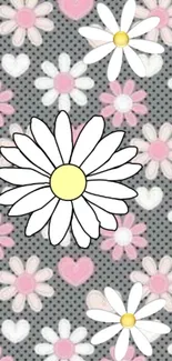 Floral mobile wallpaper with daisies and polka dots on a grey background.