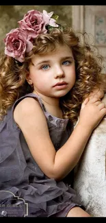 Portrait of a young girl with curly hair and floral crown on a vintage chair.