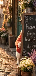 Floral street view with 'Flowers for a beautiful day' sign.