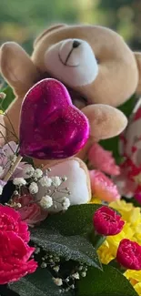 Floral arrangement with teddy bear and vibrant flowers in focus.