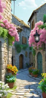 Charming stone village street with lush colorful flowers.