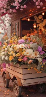 Charming flower cart with spring blooms in a rustic outdoor setting.