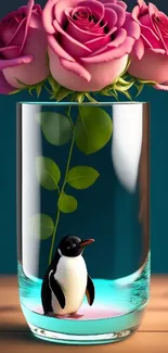 Pink roses in glass vase with a penguin