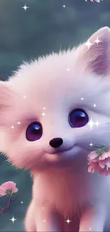 Cute fluffy fox with violet eyes and pink flowers mobile wallpaper.