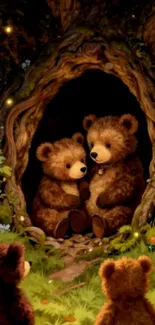 Cartoon bears family in forest cave