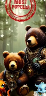 Steampunk bears in a magical forest with fantasy creatures, stars, and red stamp.